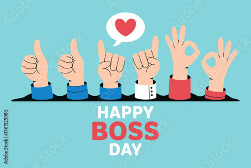 Vector art of happy boss day with hands showing different gestures on blue background