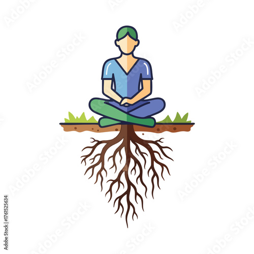 Person meditating with strong roots extending from the ground.