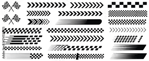 Race Car Stripes and Racing Cars Vector Set – Checkered Flag, Finish Line, Dynamic Lines, Motocross Labels, Motorsport Themes, Speed Stripes, and Competition Design Elements