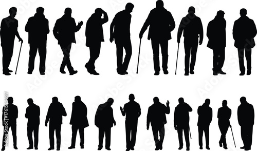 Male silhouettes, standing poses, walking figures, casual posture, cane support, lifestyle illustration, human movement, anatomy study, character design reference