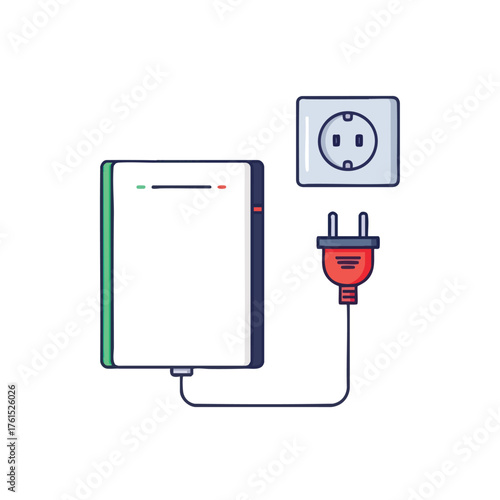 A white rectangular device is connected to a wall socket via a plug.