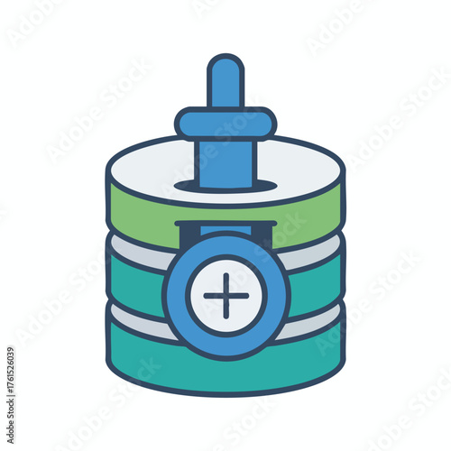Stylized icon of a database with a plus symbol. Clean and modern.