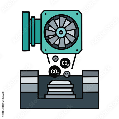 Industrial fan emitting CO2 over a gray structure.