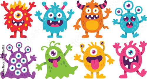 Collection of eight colorful cartoon monsters with funny faces and different eyes