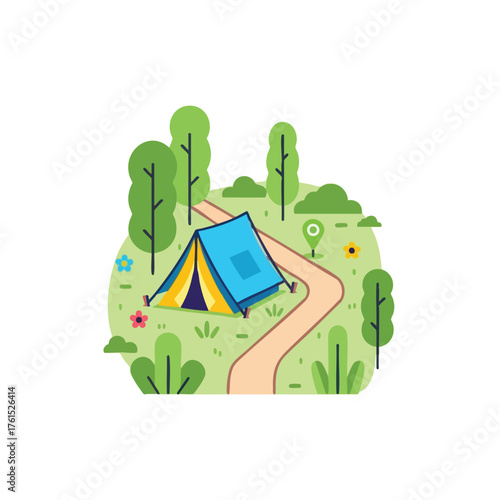 A colorful cartoon of a tent pitched in a grassy clearing with trees.