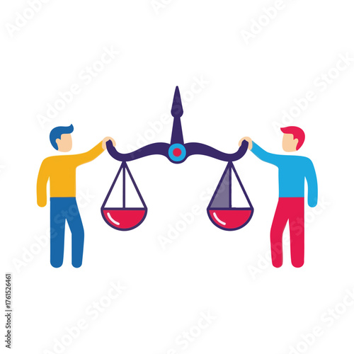 Stylized figures holding a scale of justice, symbolizing balance and equality.