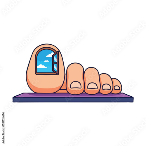 A surreal of a foot with a window showing sky and clouds.