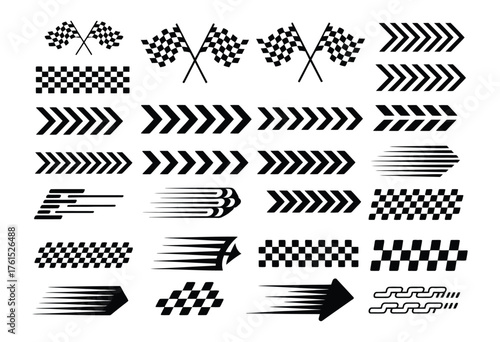 Racing Car Stripes Vector Set Featuring Dynamic Speed Lines, Checkered Flag Decals, Flame Elements, and Motorsport Graphics for Vehicle Wraps, Car Tuning, and Competition Themes
