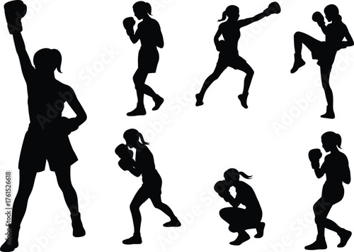 Boxing silhouettes, fighter poses, martial arts stance, punching action, combat sport, training illustration, self defense, fitness workout, dynamic movement