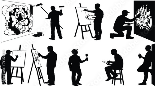 Art creation icon set, silhouette artists painting graffiti, sketching, mural work, canvas drawing, black and white illustration, creative activity grid