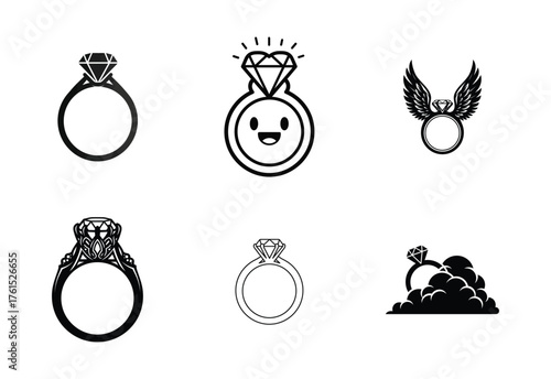 Collection of various vector diamond ring silhouettes for engagement wedding jewelry design isolated on white background