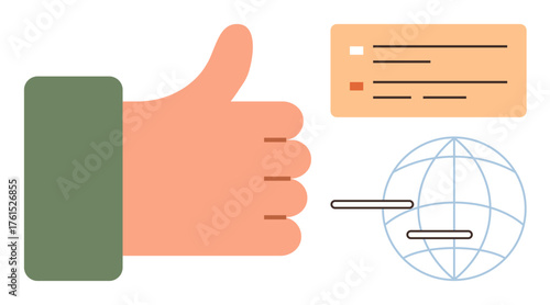 Hand giving thumbs up, abstract globe, and list chart emphasize approval, global interaction, and data sharing. Ideal for success, feedback, teamwork, online networks international business social