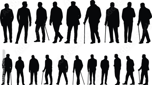 Standing silhouettes, human posture, walking with cane, elderly figure, mobility aid, lifestyle illustration, body movement, health concept, rehabilitation art