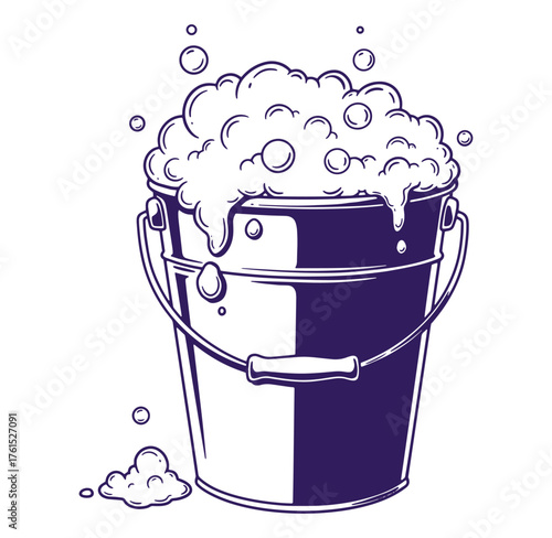Cartoon illustration of a bucket filled with foamy bubbles for cleaning and hygiene