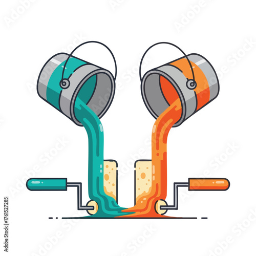 Paint buckets pouring teal and orange paint onto rollers.