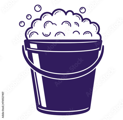 Dark blue bucket filled with foamy suds and bubbles for cleaning purposes