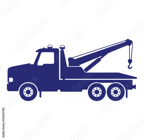 Dark blue tow truck silhouette illustration perfect for roadside assistance or recovery services