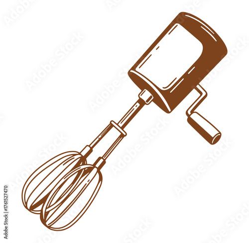 Detailed line art illustration of a handheld vintage style manual egg beater