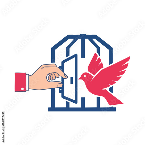 A hand opens a bird cage, releasing a bird into freedom.