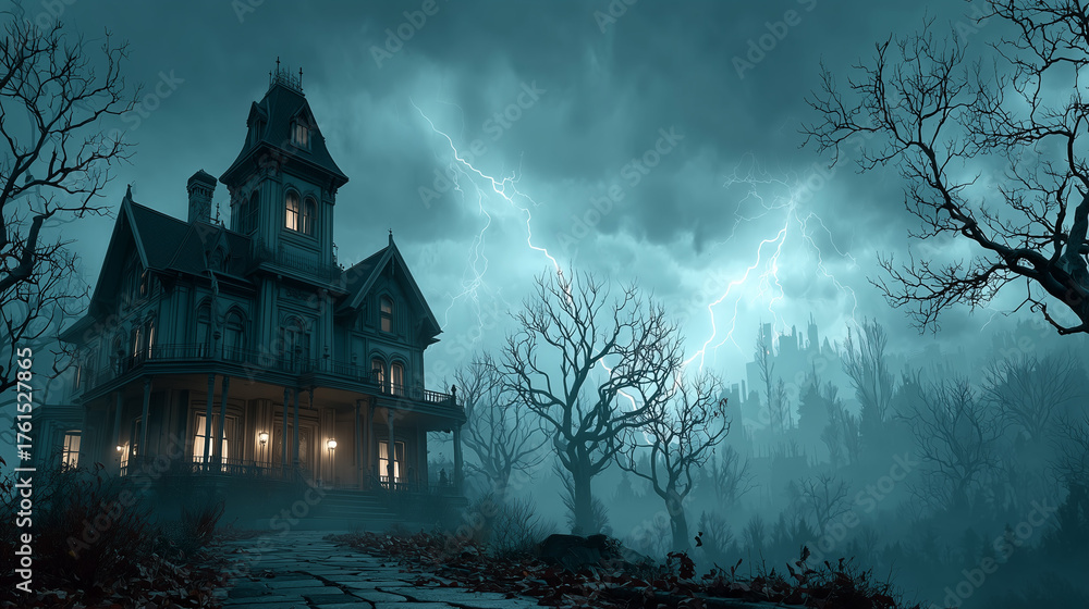 Obraz premium Haunted Victorian Mansion in Thunderstorm – Dark Halloween Scene