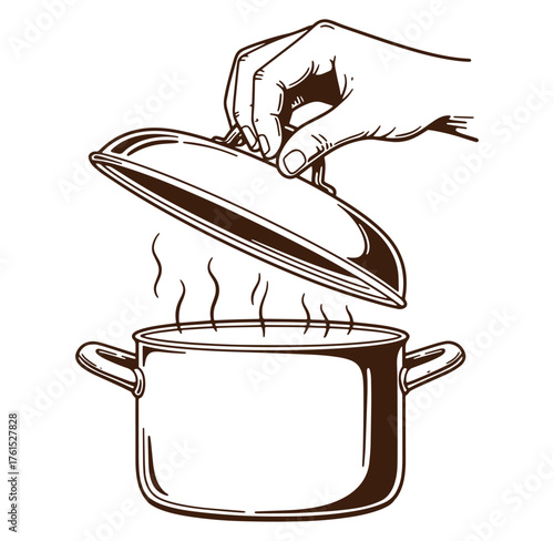 Hand lifting a pot lid revealing steam indicating cooking activity in brown vector illustration