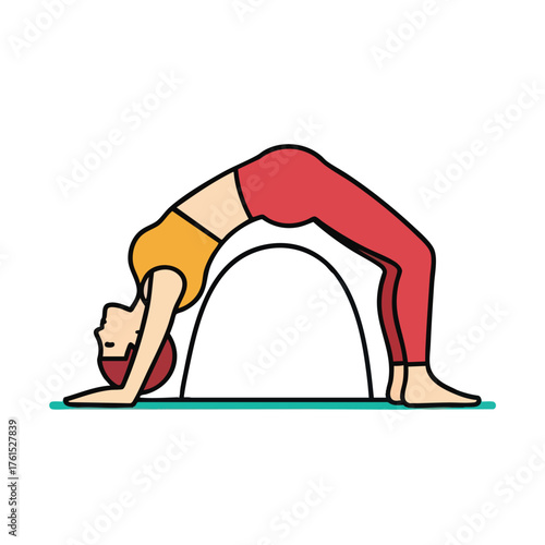 Woman doing yoga bridge pose on a mat, simplified .