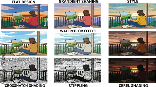 Art style comparison, balcony painter, sunset creativity, shading techniques, digital illustration, artistic rendering, visual mood, concept art, creative process, design inspiration