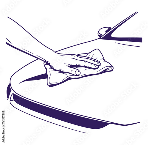 Hand wiping a car surface with a cleaning cloth isolated on white background