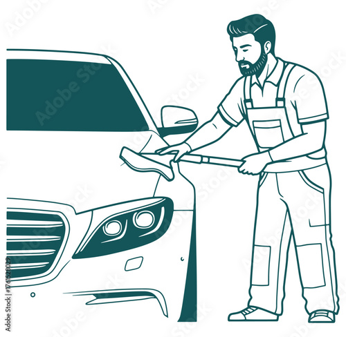 Illustration of a car detailer washing and polishing a car with a sponge