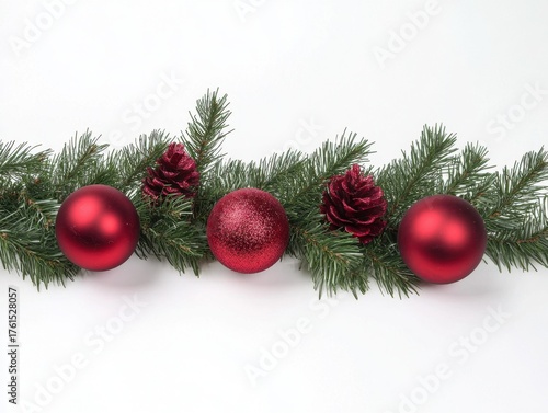A festive Christmas arrangement featuring pine branches, cones, red berries, and shiny ornaments in gold and red tones on a white background.