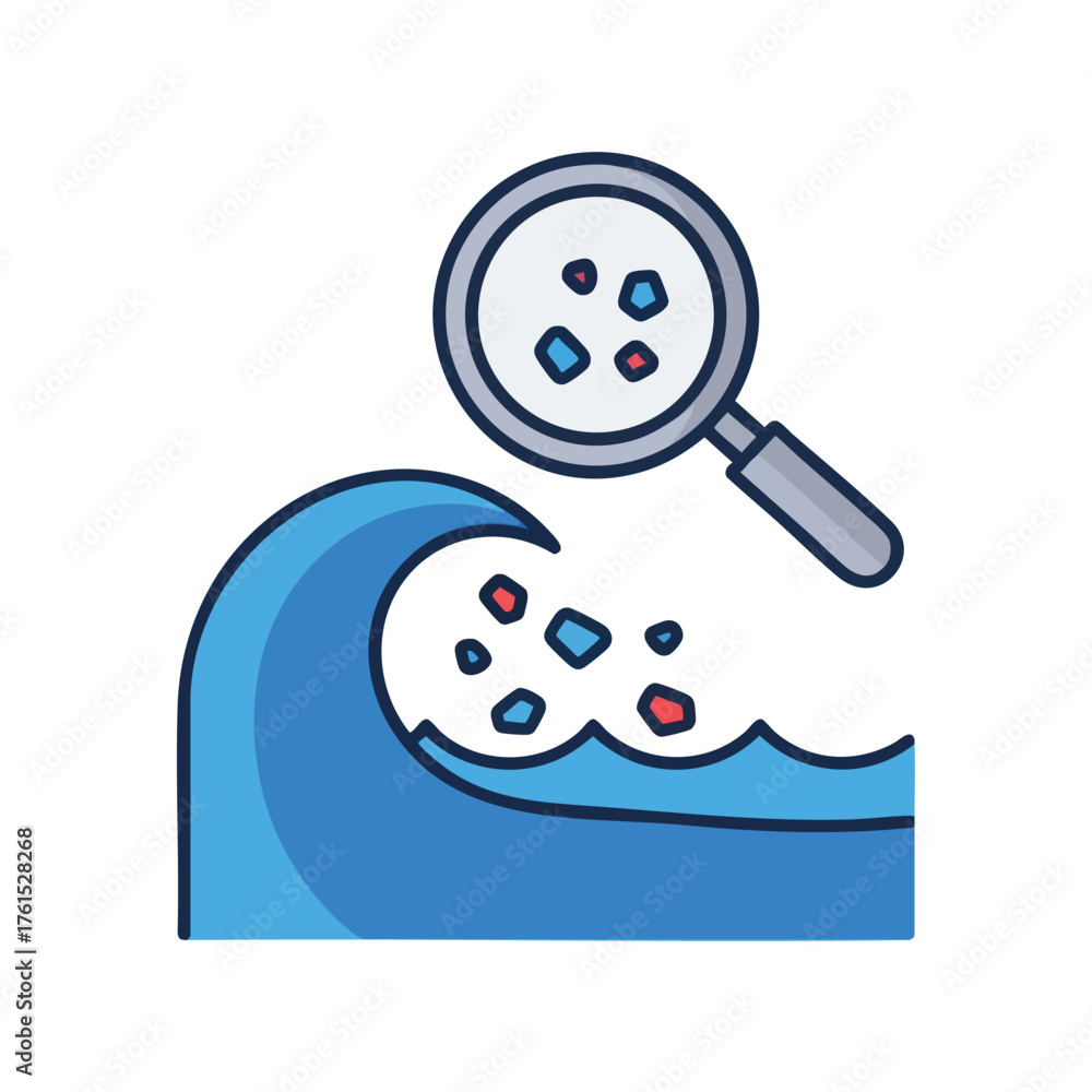 Obraz premium Magnifying glass examining debris in a stylized wave, symbolizing environmental analysis.