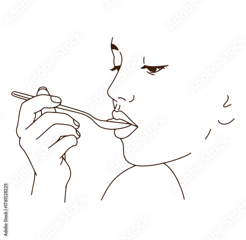 Line drawing of a person consuming food from a spoon enjoying a meal.
