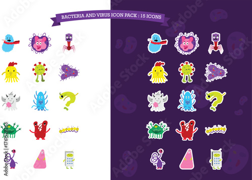 Bacteria and virus themed vector icon pack consisting of 15 icons. Included in dark and light style