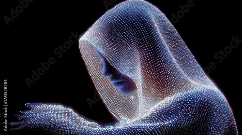 Digital Hologram of Hooded Woman in Blue Light