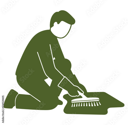 Silhouette depicting person scrubbing a stain or mess on the floor with a brush