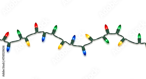 String of colorful Christmas lights on white background