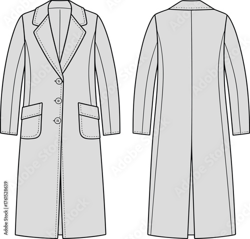 Long overcoat front and back view, technical fashion sketch, notched lapel, CAD drawing, garment template, tailoring vector, flat illustration