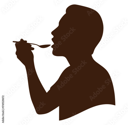 Silhouette of a person eating with a spoon on a white background simple vector illustration