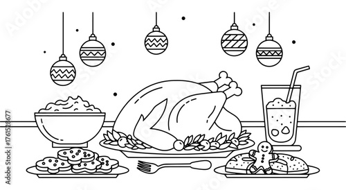 Vector illustration of a complete Christmas meal—hot roast turkey, side dishes, cookies, and drinks. The design can be used for a variety of purposes, symbolizing holiday food and festivities.
