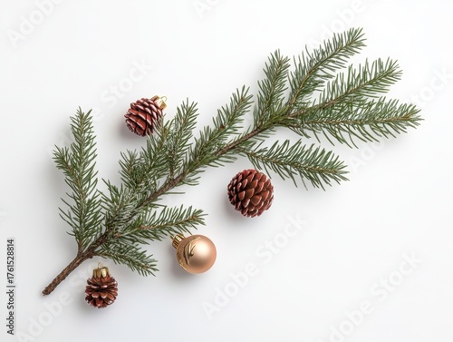A festive Christmas arrangement featuring pine branches, cones, red berries, and shiny ornaments in gold and red tones on a white background.