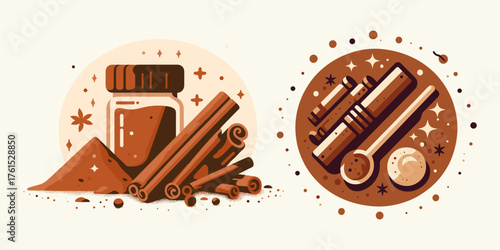 Aromatic culinary cinnamon spice collection featuring whole sticks, ground powder in a jar, and a serving spoon, ideal for cooking, baking, and warm festive designs