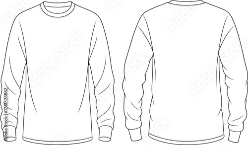 Long sleeve crew neck shirt technical flat sketch, front and back view, fashion CAD drawing, vector illustration, garment design template