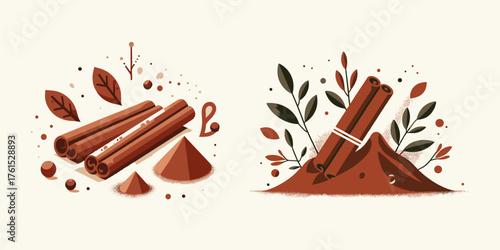 Vibrant illustrations of aromatic cinnamon sticks and rich ground spice, artfully arranged with botanical elements, capturing the essence of warmth and flavor for culinary and seasonal designs
