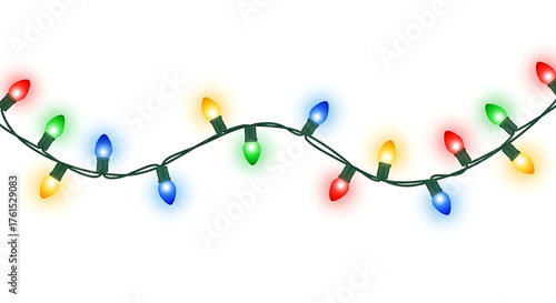 String of colorful glowing Christmas lights on white