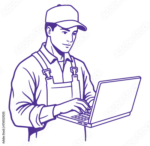 Technician in overalls working on a laptop computer with clean outlined illustration