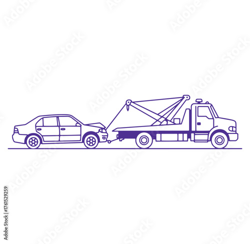 Tow truck pulling damaged car after traffic accident illustrated in minimalist style