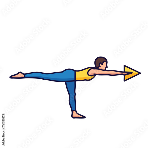 Person in a yoga pose, balancing on one leg with arms extended.