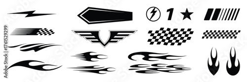 Racing Cars and Stripes Collection with Checkered Flag, Motocross Labels, Dynamic Lines, Motorsport Speed, Sport Decals, and Tuning Stickers – Perfect for Racing Graphics