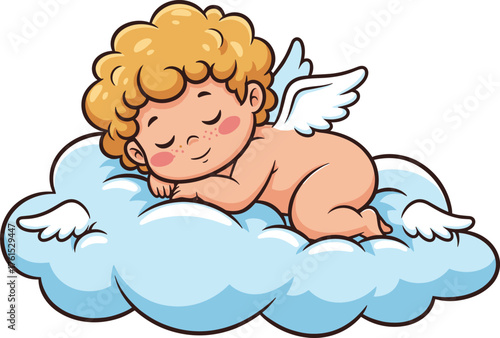 Fotografie Cute sleeping baby angel on fluffy cloud, adorable cherub cartoon illustration f