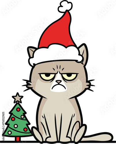 Grumpy Christmas cat with Santa hat and mini Christmas tree, funny holiday cartoon illustration for festive humor and greeting cards